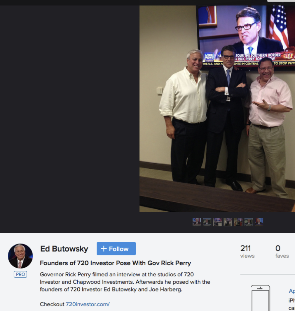 Ed Butowsky and Joe Harberg Founders of 720 Investor pose with Gov Rick Perry
