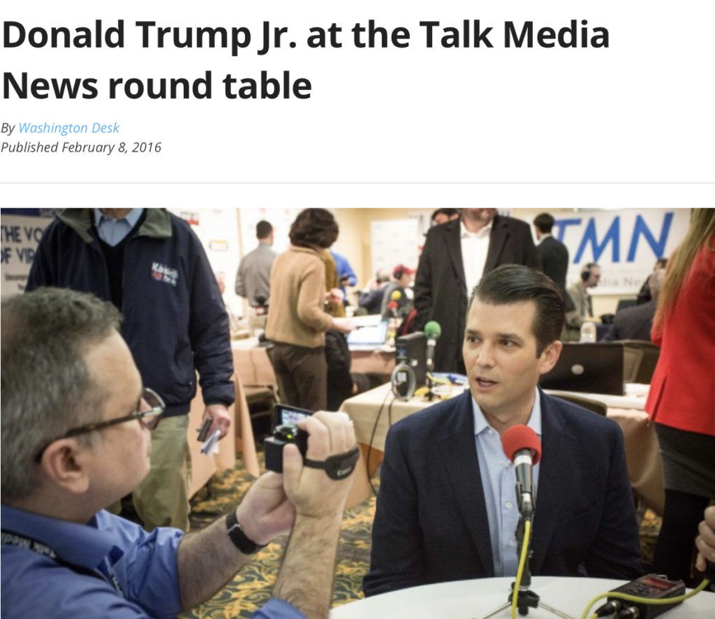 Donald Trump Jr. is basking in New York Attorney General's announcement that he will resign on Tuesday. Trump is shown, participating in a round-table discussion at the Talk Media News radio row in Manchester, N.H., on Feb. 8, 2016, the eve of the New Hampshire primary. (Luke Vargas/TMN)